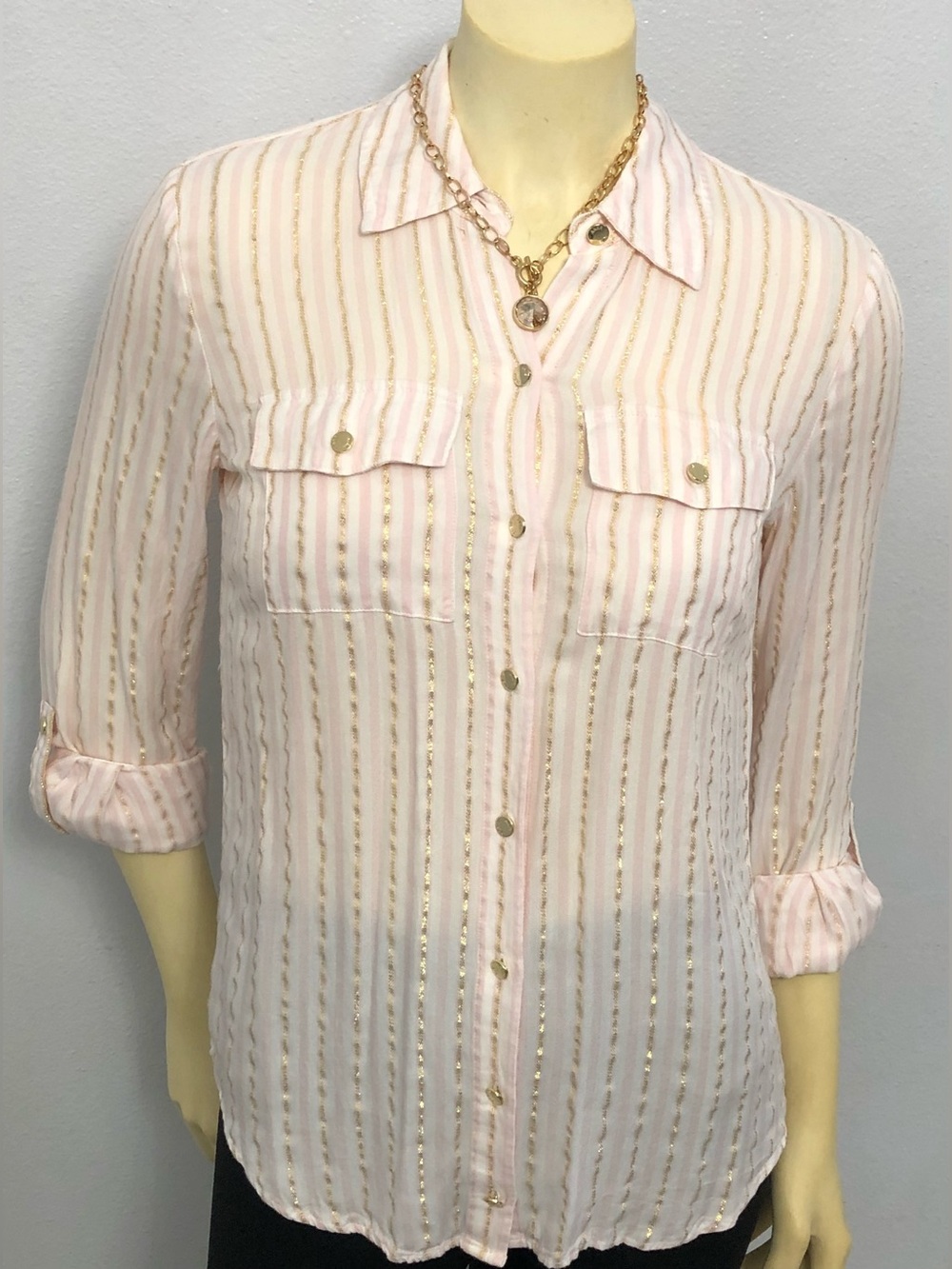 Anne Klein Light Pink and Gold Striped Button-Down Blouse